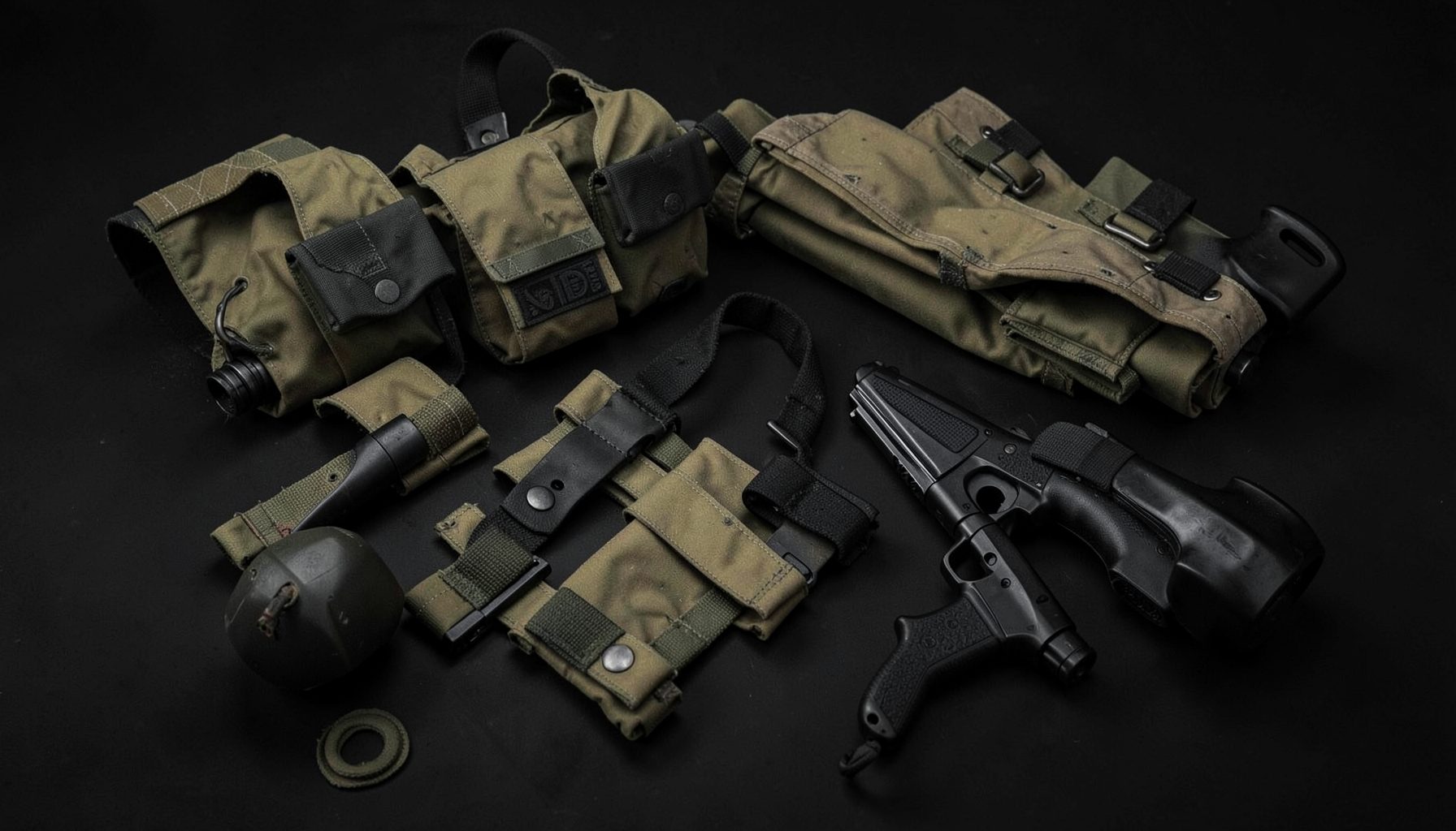 Тактическое снаряжение и военная экипировка на тёмном фоне, оливковые и чёрные тона, деловая атмосфера