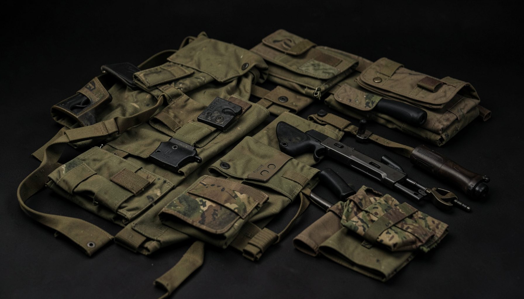Тактическое снаряжение и военная экипировка, разложенные на тёмном фоне, приглушённые оливковые и коричневые тона, деловая атмосфера